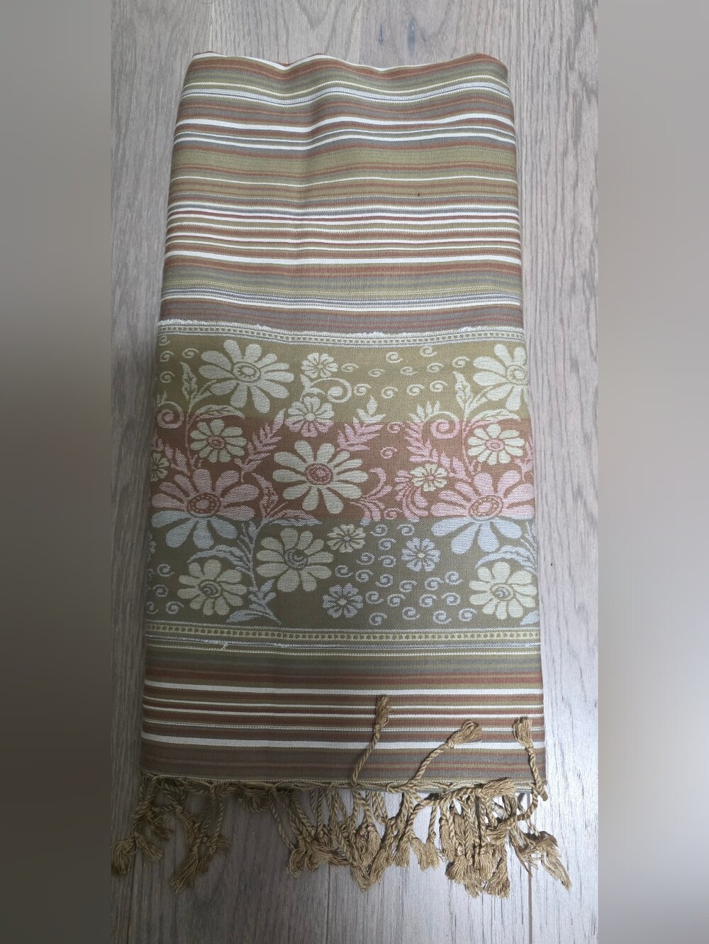 Striped Floral Fringed Scarf in Beige and Pink